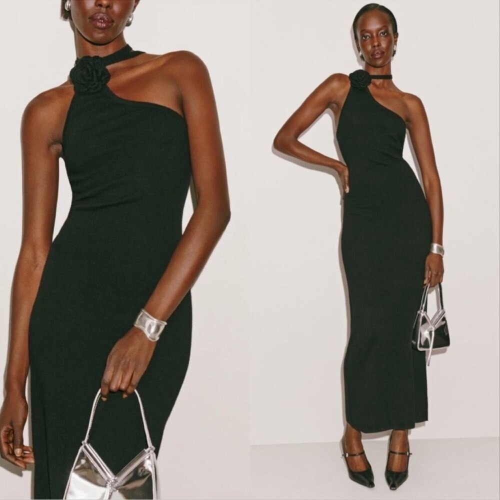 Reformation Ilaria Black Cashmere Rosette One Shoulder Maxi Dress NWT M - Picture 9 of 9